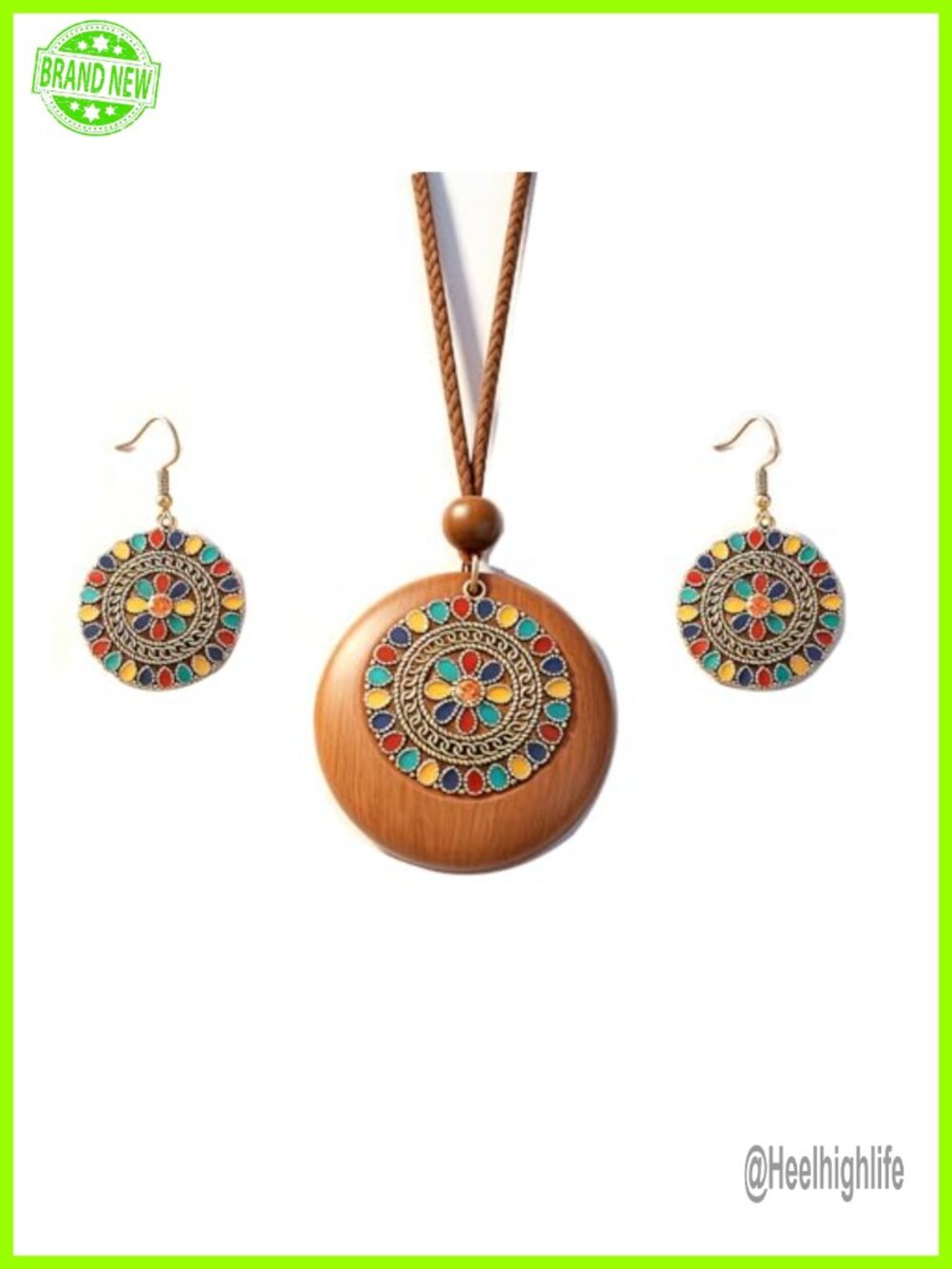 Wood Leather Necklace Earrings Set Boho Wooden Discs Hemp Rope Bronze Pendant